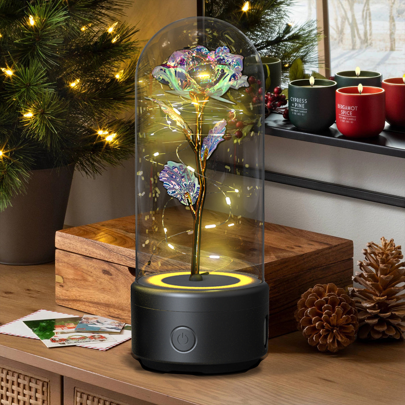 Creative 2-in-1 Rose Flowers LED Light & Bluetooth Speaker — Rose Luminous Night Light Ornament in Glass Cover