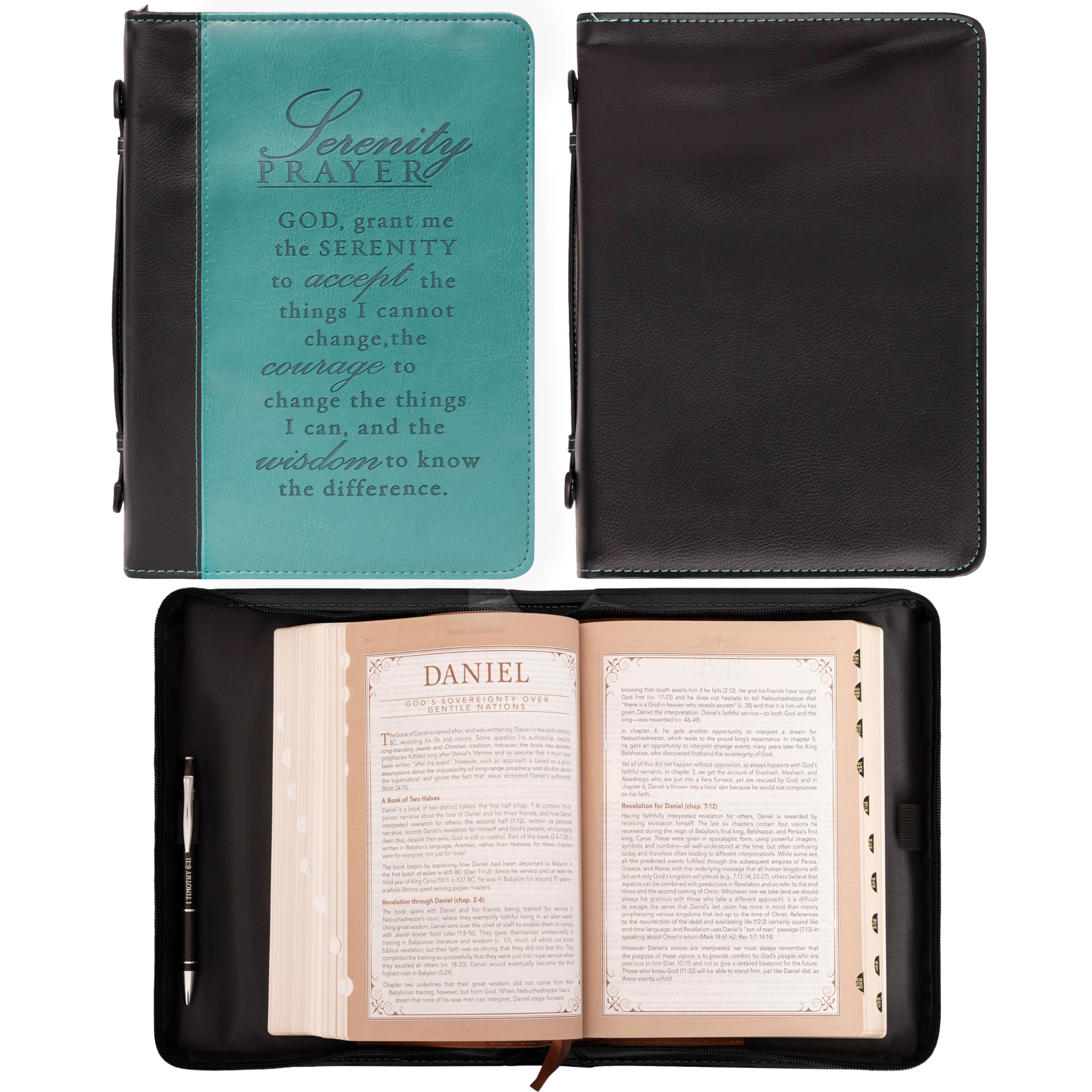 Fashion Bible Cover Serenity Prayer, Aqua/Black Faux Leather (Medium)