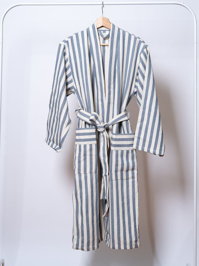 Girit Handmade Blue Robe | Turkish Cotton-Linen Blend