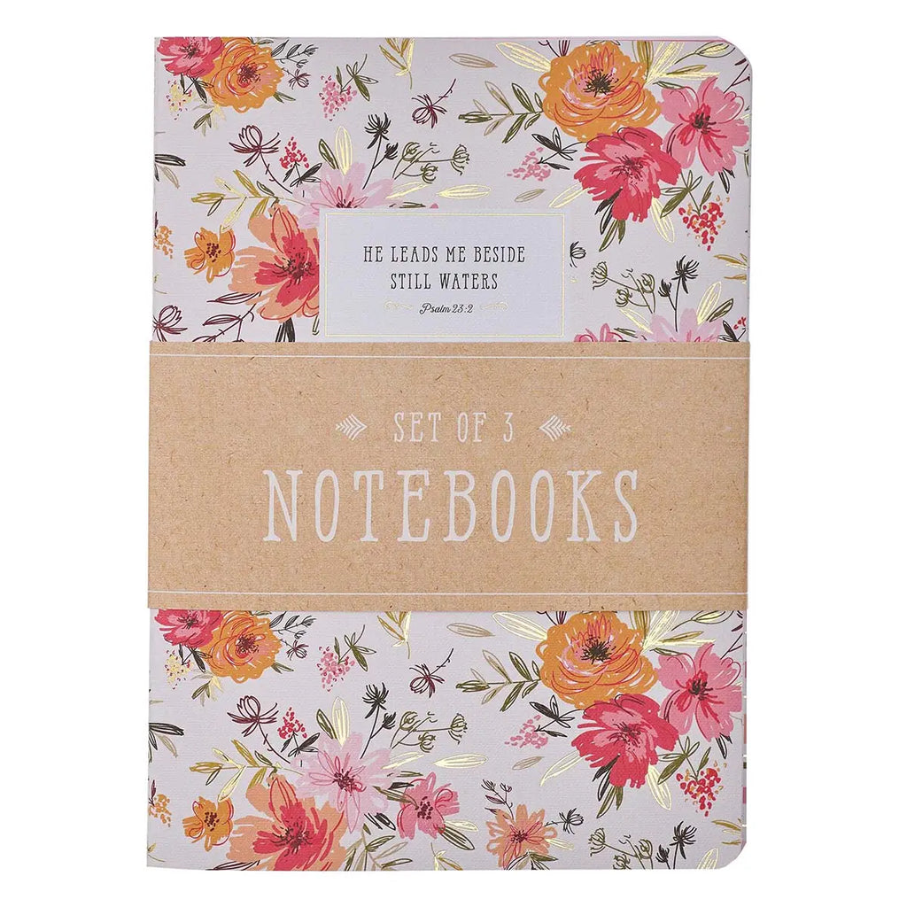 He Leads Me Pink Floral Notebook Set – Psalm 23:2 Gift for Her