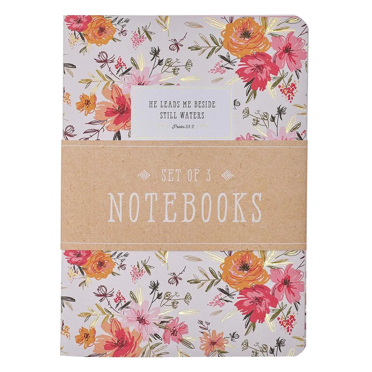 He Leads Me Pink Floral Notebook Set – Psalm 23:2 Gift for Her