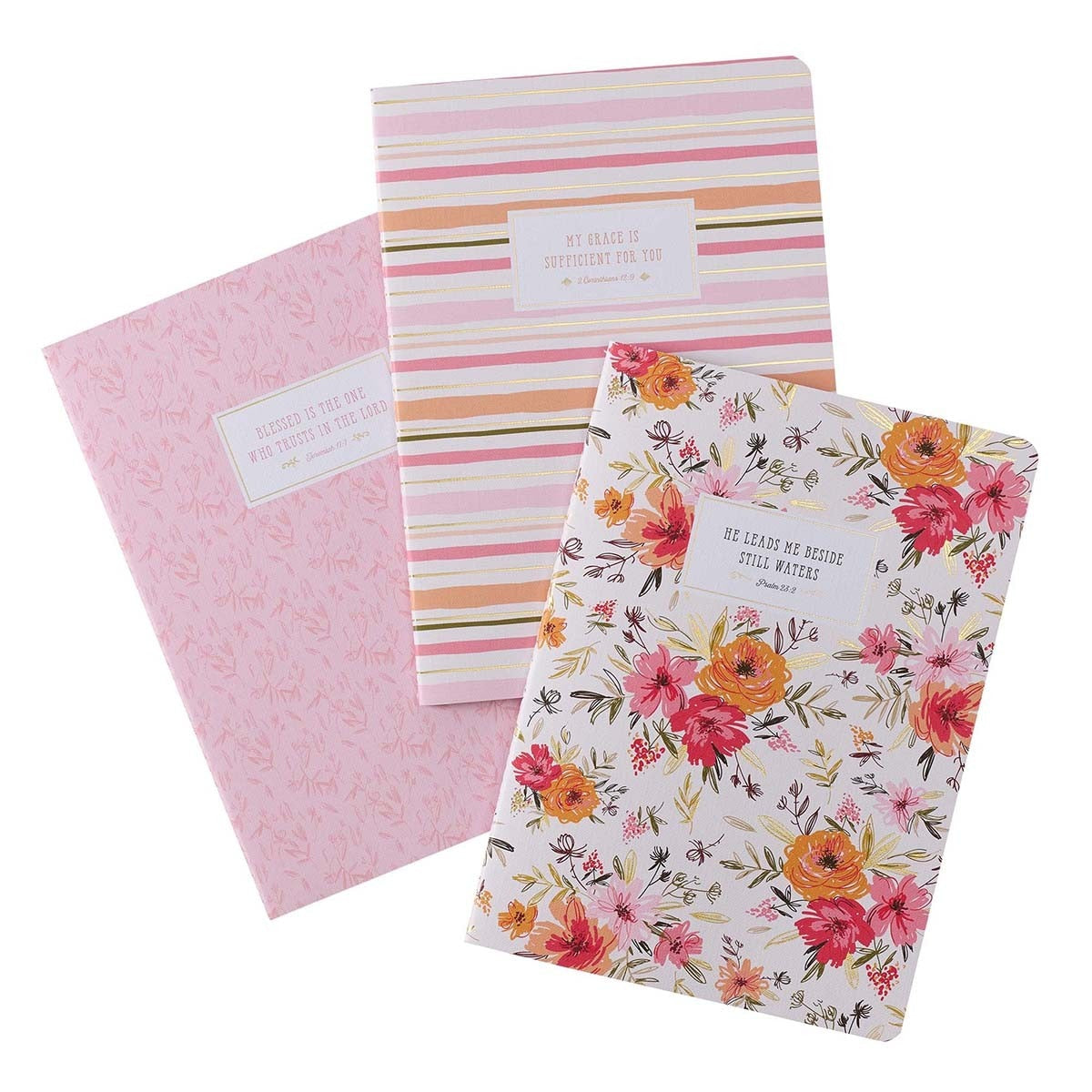 He Leads Me Pink Floral Notebook Set – Psalm 23:2 Gift for Her