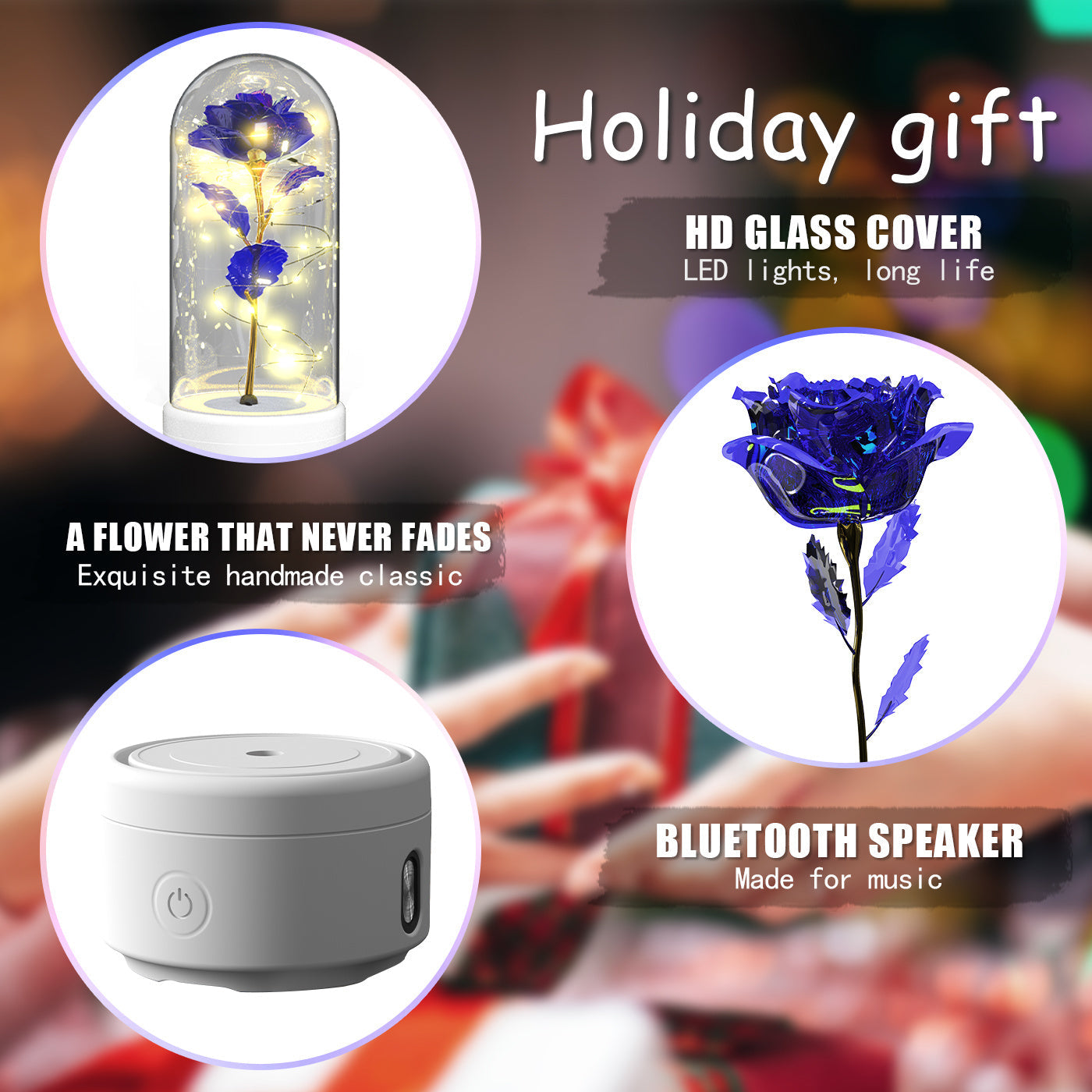 Creative 2-in-1 Rose Flowers LED Light & Bluetooth Speaker — Rose Luminous Night Light Ornament in Glass Cover