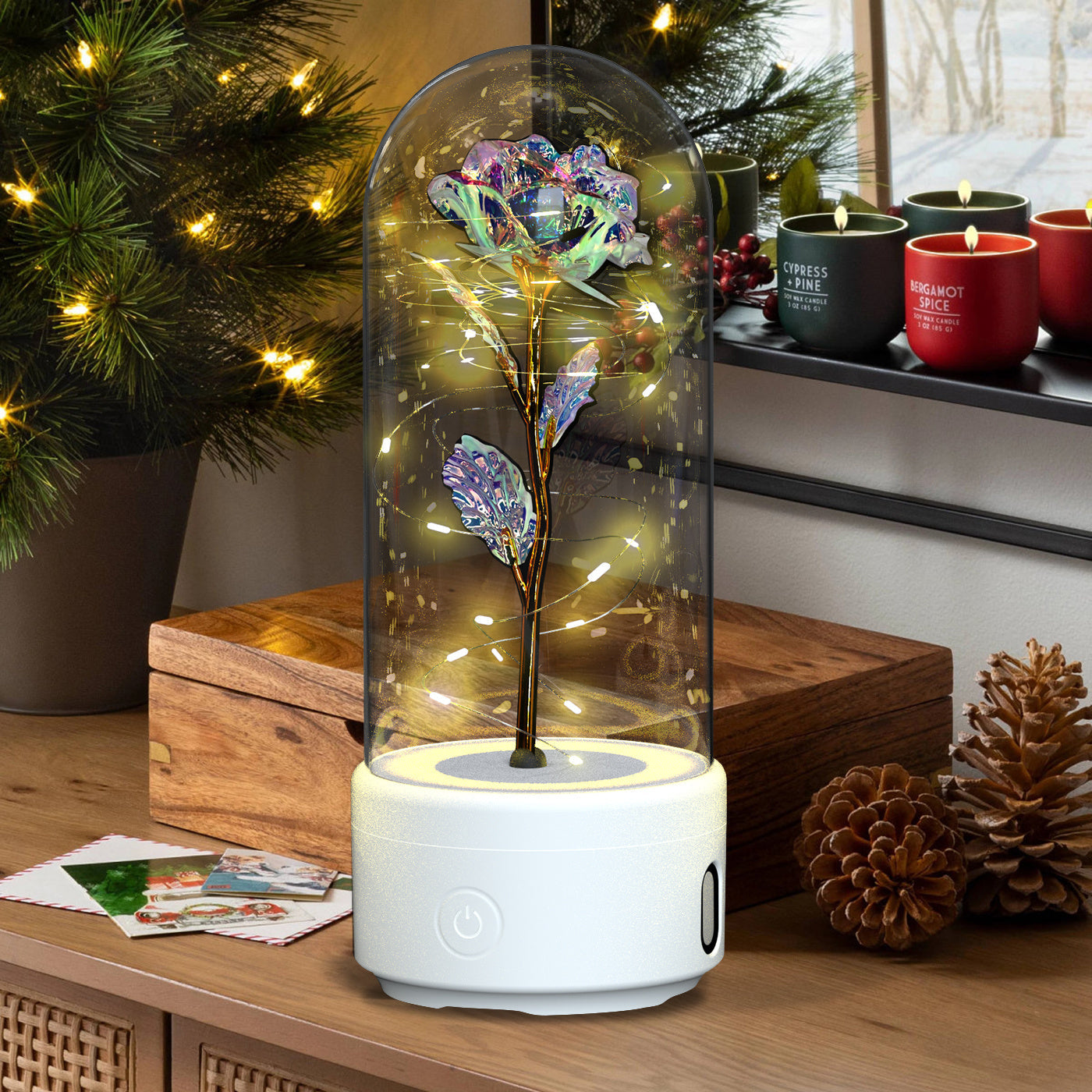 Creative 2-in-1 Rose Flowers LED Light & Bluetooth Speaker — Rose Luminous Night Light Ornament in Glass Cover