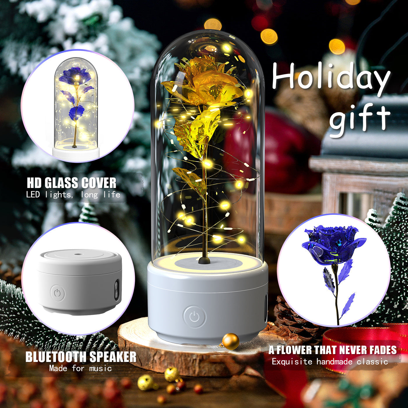 Creative 2-in-1 Rose Flowers LED Light & Bluetooth Speaker — Rose Luminous Night Light Ornament in Glass Cover